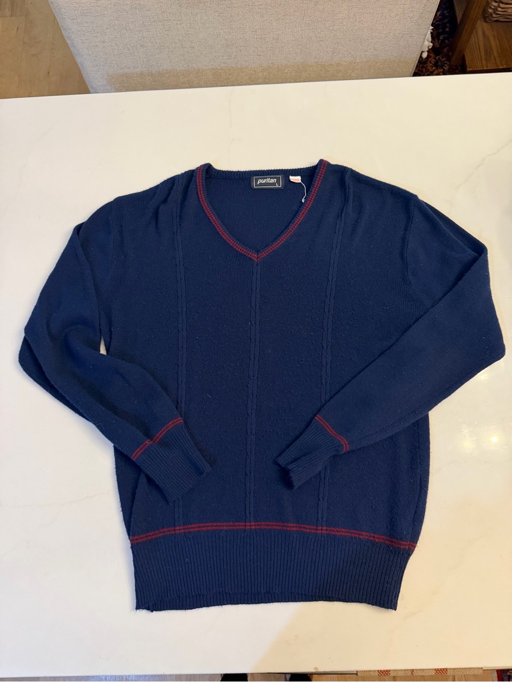 Puritan Navy V-Neck Sweater with Red Accent Trim